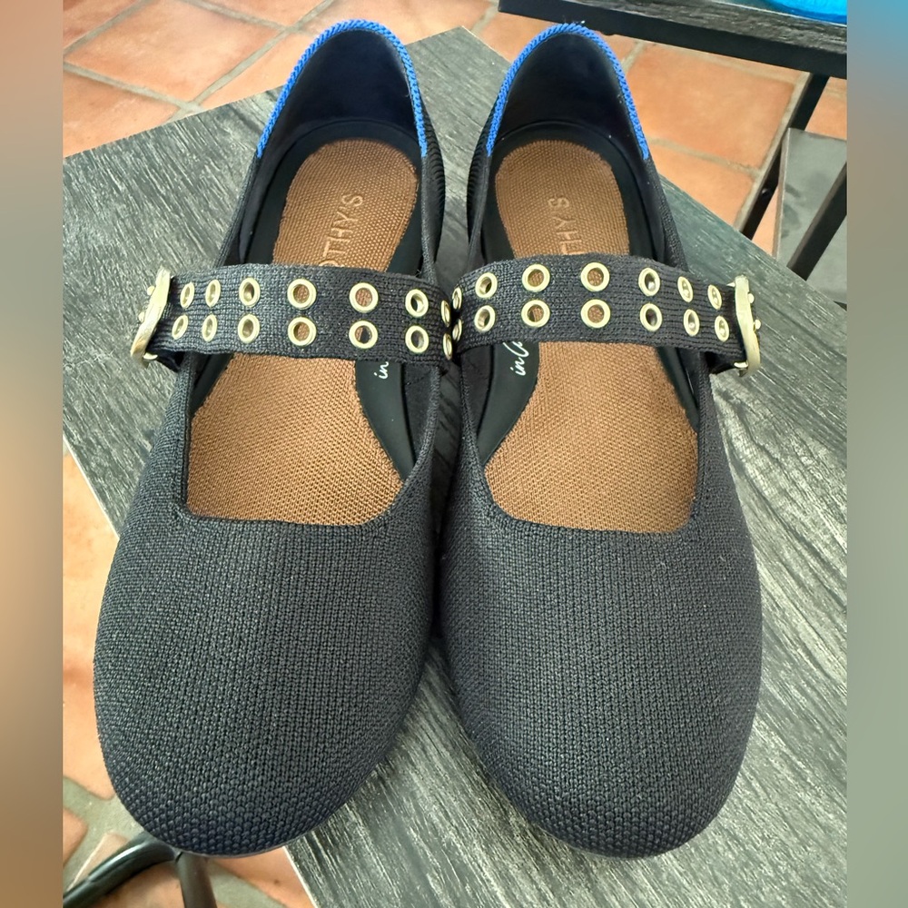 Rothy’s Black Mary Jane Flats with Gold buckle